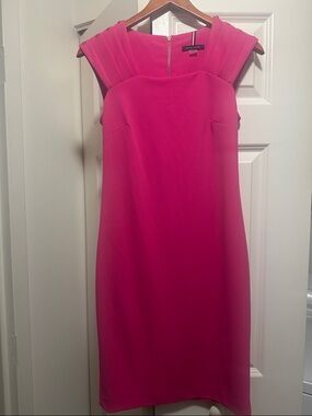 Tommy Hilfiger Hot Pink Midi Sheath Dress with Pleated Cap Shoulders
